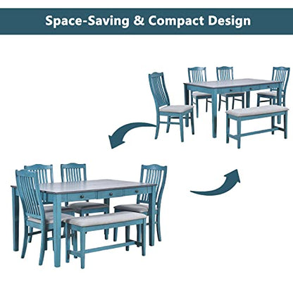 LUMISOL 6-Piece Solid Wood Dining Table Set, Farmhouse Kitchen Table Set with 4 Upholstered Chairs, Bench and Storage Drawers for Kitchen, Dining Room, Living Room, Antique Blue