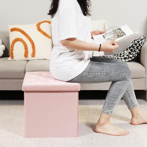 Storage Ottoman Cube, Velvet Tufted Folding Ottomans with Lid, Footstool Rest Padded Seat for Bedroom (Pink, Medium)