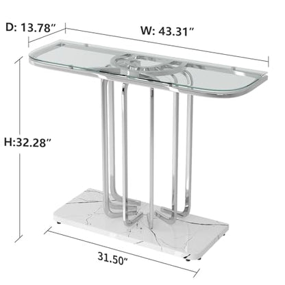 43" Modern Glass Console Table with Curved Chrome Frame & Faux Marble Base, Silver Narrow Sofa Table for Entryway, Living Room, Hallway, Home Office