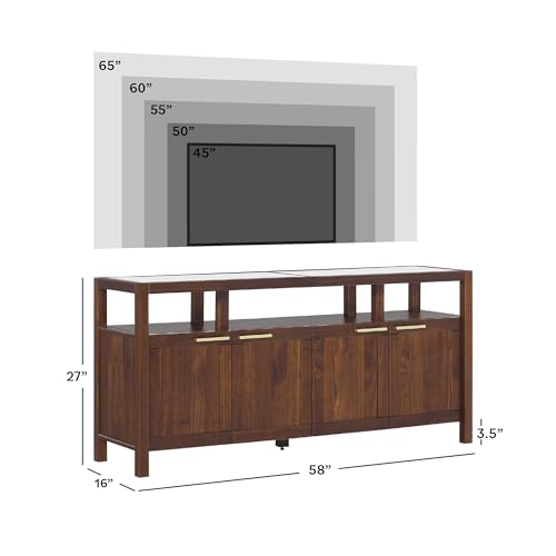 Isla Modern Solid Wood TV Stand with Tempered Glass Top and Shadow Box Shelf, 58 Inch, Walnut