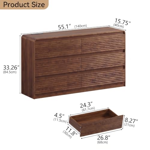 55" W Walnut Fluted 6-Drawer Dresser for Bedroom w/Power Outlet, view 4