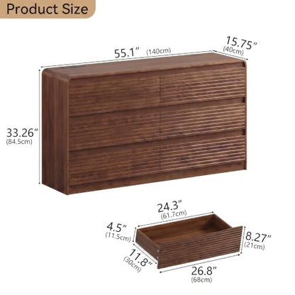 55" W Walnut Fluted 6-Drawer Dresser for Bedroom w/Power Outlet, view 4