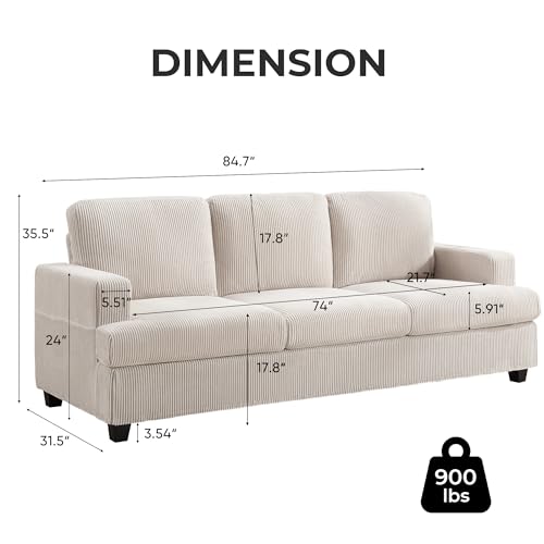 85 Inch Sofa with Side Pocket, Corduroy Fabric 3 Seater Couch for Living Room, Comfy Modern Small Couch for Bedroom, Small Spaces, Dorms, Office, Beige
