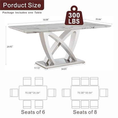 Marble Dining Table for 6 People, 70'' Rectangle Faux Marble Dining Table with Mirrored Stainless Steel Base, Large Size Marble Kitchen Table (Silver,White)(only Table)