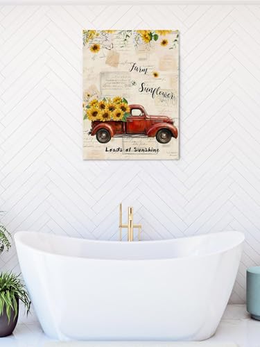 NuYeBiofx Farmhouse Red Truck Sunflower Canvas Wall Art Prints,30"x20" Framed Picture Artwork Blossom Floral on Retro Letter Printed Canvas Oil Painting for Living Room Bedroom Office,Ready to Hang