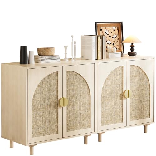 Rattan Storage Cabinet, Beige Boho Sideboard with Adjustable Shelf, Magnetic Door Latch. [2pcs, Beige]
