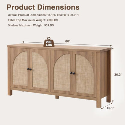 60" Rattan Sideboard Buffet Cabinet with Storage | Sideboard With Rattan Doors, Spacious Storage And Soft-Close Hinges, Ideal For Kitchens, Dining Rooms And Living Rooms