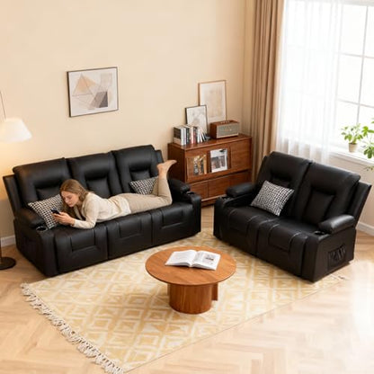 Living Room Furniture Set,Faux Leather Manual Recliner Sofa Sets with Cup Holders,Reclining Couch,Loveseat and Armchair,3+2,Black