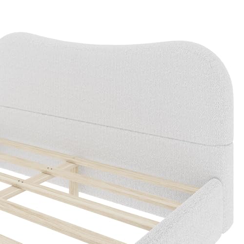 JIVOIT Queen Berber Fleece Upholstered Bed with Headboard, Wood Supporting Feet (White/Queen,30)