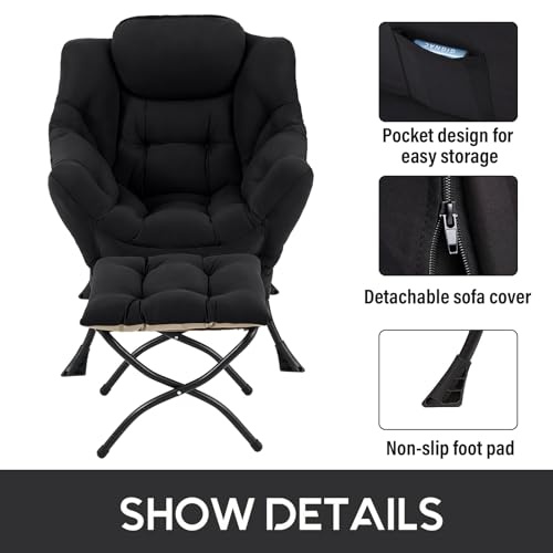 Lazy Chair with Ottoman, Comfy Accent Reading Chair, Black, view 5