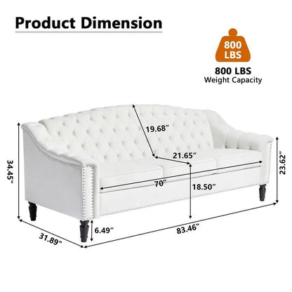 Mid-Century Modern Velvet Sofa, 80" Large Upholstered Sofa with High Back, Chesterfield Couch Sleeper Settee with Solid Wood Legs, Tufted 3 Seater Wide Couches for Living Room Office (White)