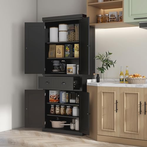 Traditional Black Kitchen Pantry with 4 Doors and Adjustable Shelves, view 3