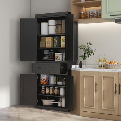 Traditional Black Kitchen Pantry with 4 Doors and Adjustable Shelves, view 3