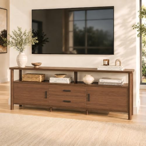 70" Long TV Stand, Mid Century Modern Entertainment Center with Open Shelves, view 2