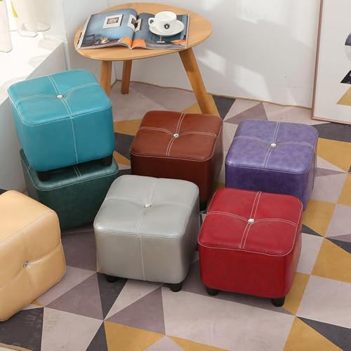 Square Foot Stool Upholstered in Oil Wax Leather with Soft Cushion and Anti Slip Design Easy to Clean and Ideal for Shoe Changing Beige Color 35CM Height Modern Footrest