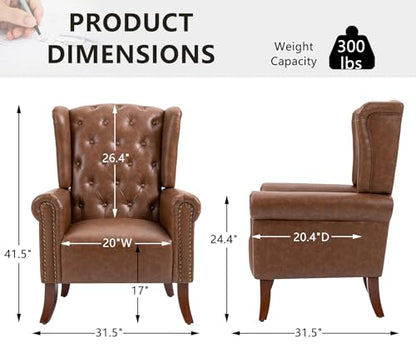 Mid-Century PU Leather Accent Chair, Living Room Lounge Sofa Chair with Buttons, Single Club Armchair with Rivet Trim for Bedroom Home Reception (Brown)