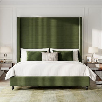 Queen Upholstered Bed Frame with 63" Headboard & Wingback, Green, view 5