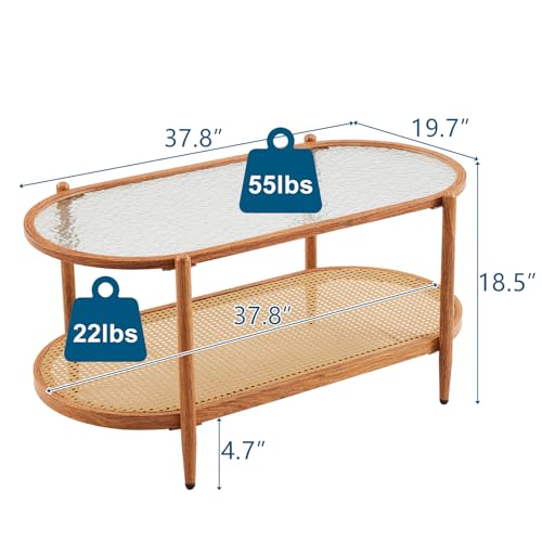 38" Rattan Oval Coffee Table, Water-Wave Glass Metal Center Table, Modern Coffees Table with 2-Tier Storage, Farmhouse Coffe Table for Living Room and Small Space, Natural Vibe