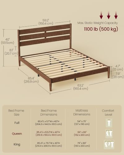 Queen Bed Frame, Wood Platform Bed with Headboard Storage Shelf, view 3