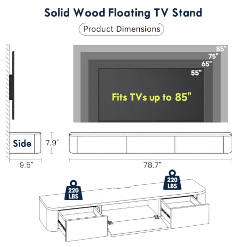 Solid Wood Floating TV Stand with LED Light Modern Wall Mounted Entertainment, view 3