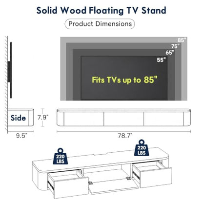 Solid Wood Floating TV Stand with LED Light Modern Wall Mounted Entertainment, view 3
