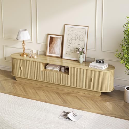 86.6'' Fluted TV Stand for 55-85 Inch, Natural Wood TV Console, view 8