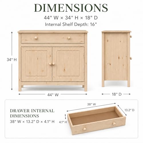 44" Wide Solid Pine Shaker Sideboard Buffet Cabinet — 2 Doors with Adjustable, view 3
