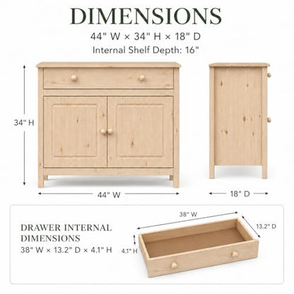 44" Wide Solid Pine Shaker Sideboard Buffet Cabinet — 2 Doors with Adjustable, view 3