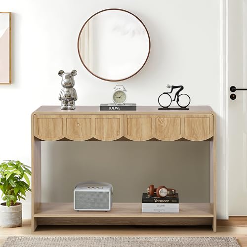 Console Table with Drawers, Mid-Century 43 Inches Narrow Entryway Table with Open Storage Shelves, Hallway Accent Tables Behind Couch Tables for Living Room - Natural