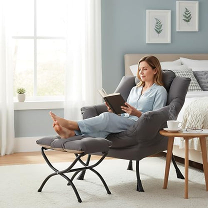 Lazy Chair with Ottoman, Modern Accent Lounge Armchair with Armrests and a Side Pocket & Foldable Footstool, Leisure Reading Chair for Living Room, Bedroom, Dorm & Office, Dark Grey