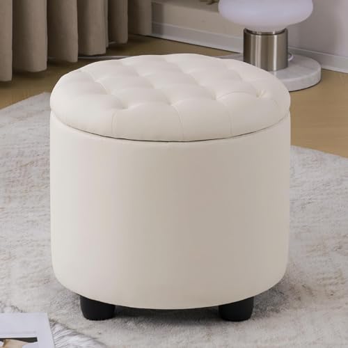 Upholstered Button Tufted Round Ottoman, PU Storage Ottoman Round, Removable Lid Convenient Footstools, Classic Ottoman with Storage for Nursery Room, IvoryWhite