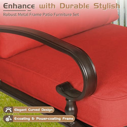 5-Piece Outdoor Metal Furniture Sets Patio Conversation Set Wrought Iron Glider, 2 Single Chairs, Loveseat and Coffee Table, Red