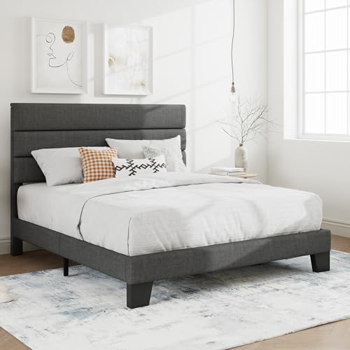 Grey upholstered platform bed frame, view 4