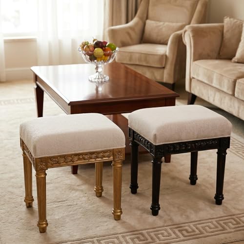 Vanity Stool, French Vintage Square Stool with Cushion, Round Tufted Upholstered for Living Room Dining Room Entryway, Makeup Foot Ottomans