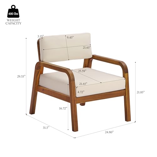 Canico Acacia Wood Lounge Chair Outdoor with Weather-Resistant Cushion, Wooden Patio Accent Chair with Open Frame Design, Outdoor Armchair for Patio Furniture Set, Cream + Teak