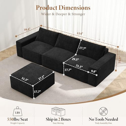 114" Modular Sectional Boneless Couch, Modern 3 Seater Sofa with Ottoman & Deep Seat, Convertible Chenille L Shaped Cloud Couches for Living Room, No Assembly Required, Black