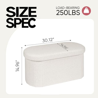 30 Inches Oval Ottoman with Storage, Boucle Sherpa Storage Ottoman Bench, Folding Foot Rest Chest for Bedroom Living Room