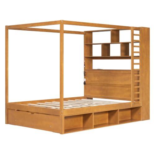 Full Size Wooden Canopy Bed Frame with Bookcase Headboard, Walnut, view 6
