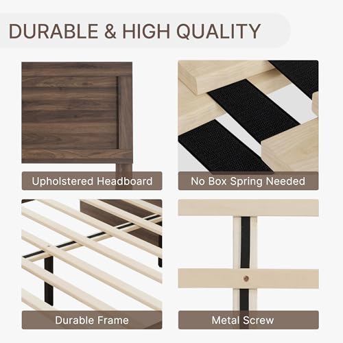 3 Pieces Bedroom Set, Wood Bed Frame with Upholstered Headboard & 2 Nightstands with Storage, Wooden Platform Mattress Foundation Farmhouse Bedroom Furniture Set