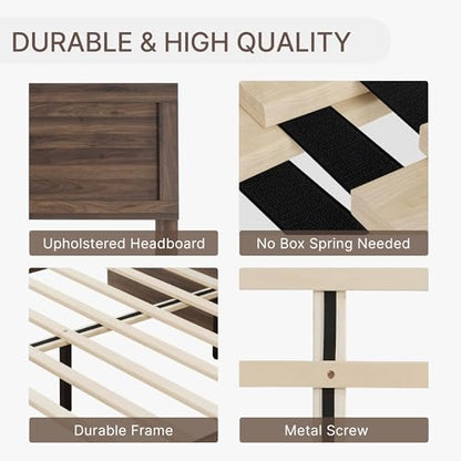 3 Pieces Bedroom Set, Wood Bed Frame with Upholstered Headboard & 2 Nightstands with Storage, Wooden Platform Mattress Foundation Farmhouse Bedroom Furniture Set