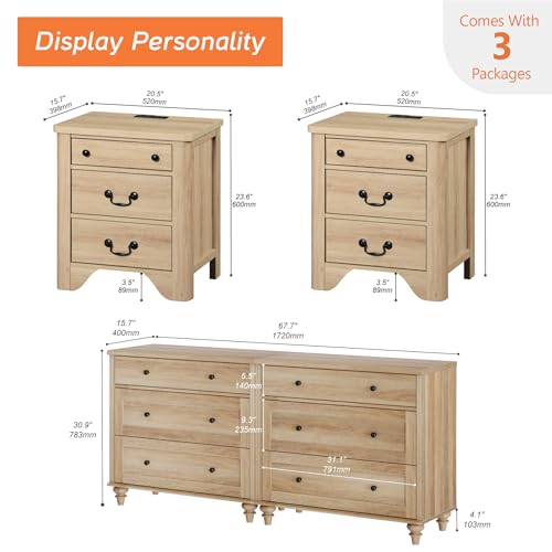 4 Piece Bedroom Set - Includes Farmhouse 3 Drawer Storage Cabinet, Set of 2 Bedside Tables with Charging Station, Dresser and Nightstand Sets, Oak