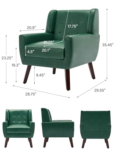 Accent Chair, Mid-Century Modern PU Leather Chairs with Arms for Living Room, Comfy Upholstered Club Single Sofa Armchair for Bedroom Waiting Room with Solid Wood Frame（Leather Green, Set of 1)
