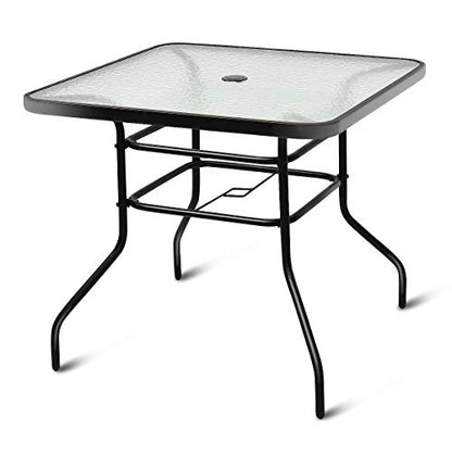 32" Square Outdoor Dining Table with Tempered Glass Top, Outside Bistro Table with 2" Umbrella Hole & Metal Frame, Patio Dining Table for Backyard, Lawn, Deck & Poolside