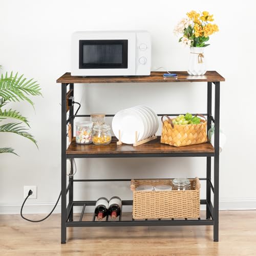 Kitchen Island with Storage, Kitchen Island Table with Power Outlet, 35.4" L 3 Tier Coffee Station and Microwave Stand, for Home, Dining Room, Rustic Brown and Black BF021ZD01