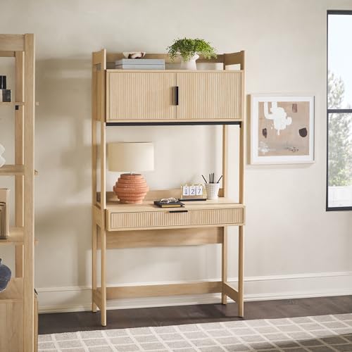 Modern Transitional Interior Design Reeded Desk with Hutch and Drawers, Built-in Tech, Desk with Cord Management, Storage for Small Living Spaces, 38”W x 19”D x 70”H, Coastal Oak