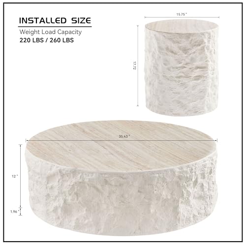 Fiberglass Round Coffee Table Set of Two, Living Room Vintage Design Faux Stone Coffee Table, Side Table Coffee Table Set for Office, Apartment, Living Room (15.75'‘+35.43’')