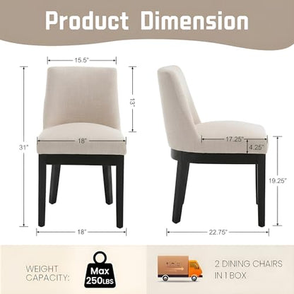 Modern Dining Chairs Set of 6 with Comfortable Back Support, Farmhouse Soft Linen Upholstered Dining Room Chairs with Black Solid Wood Legs, Armless Kitchen Side Chairs for Living Room, Beige