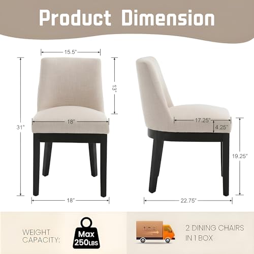 Modern Dining Chairs Set of 4 with Comfortable Back Support, Farmhouse Soft Linen Upholstered Dining Room Chairs with Black Solid Wood Legs, Armless Kitchen Side Chairs for Living Room, Beige