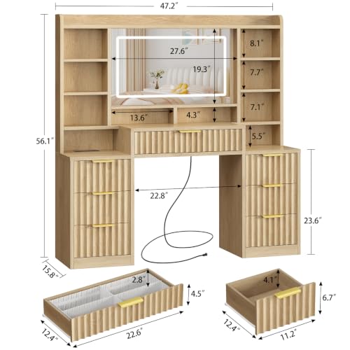 Fluted Large Vanity Desk with Mirror and Lights, Power Outlet, view 3
