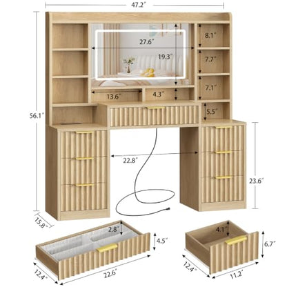 Fluted Large Vanity Desk with Mirror and Lights, Power Outlet, view 3